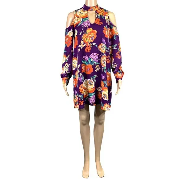 Everly Womens Dress Retro Floral Cold Shoulder Choker Collar Keyhole Small - Picture 5 of 14